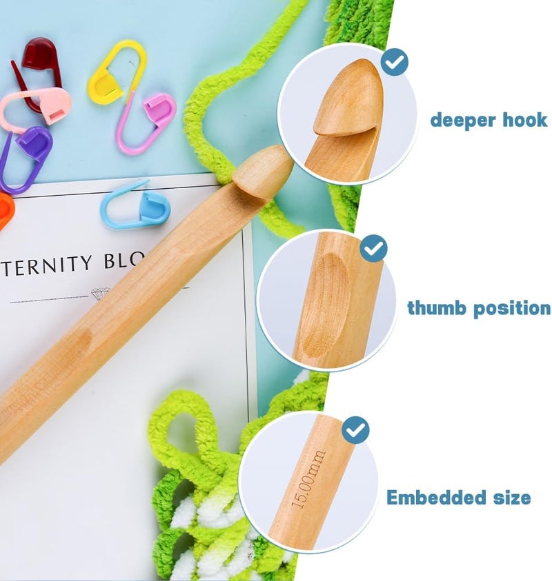 Dercuy Wooden Crochet Hooks, 15mm Wooden Handle Crochet Hook Bamboo Knitting Crochet Needles with 10 pcs Knitting Stitch Markers for Handcraft Crocheting - Image 4